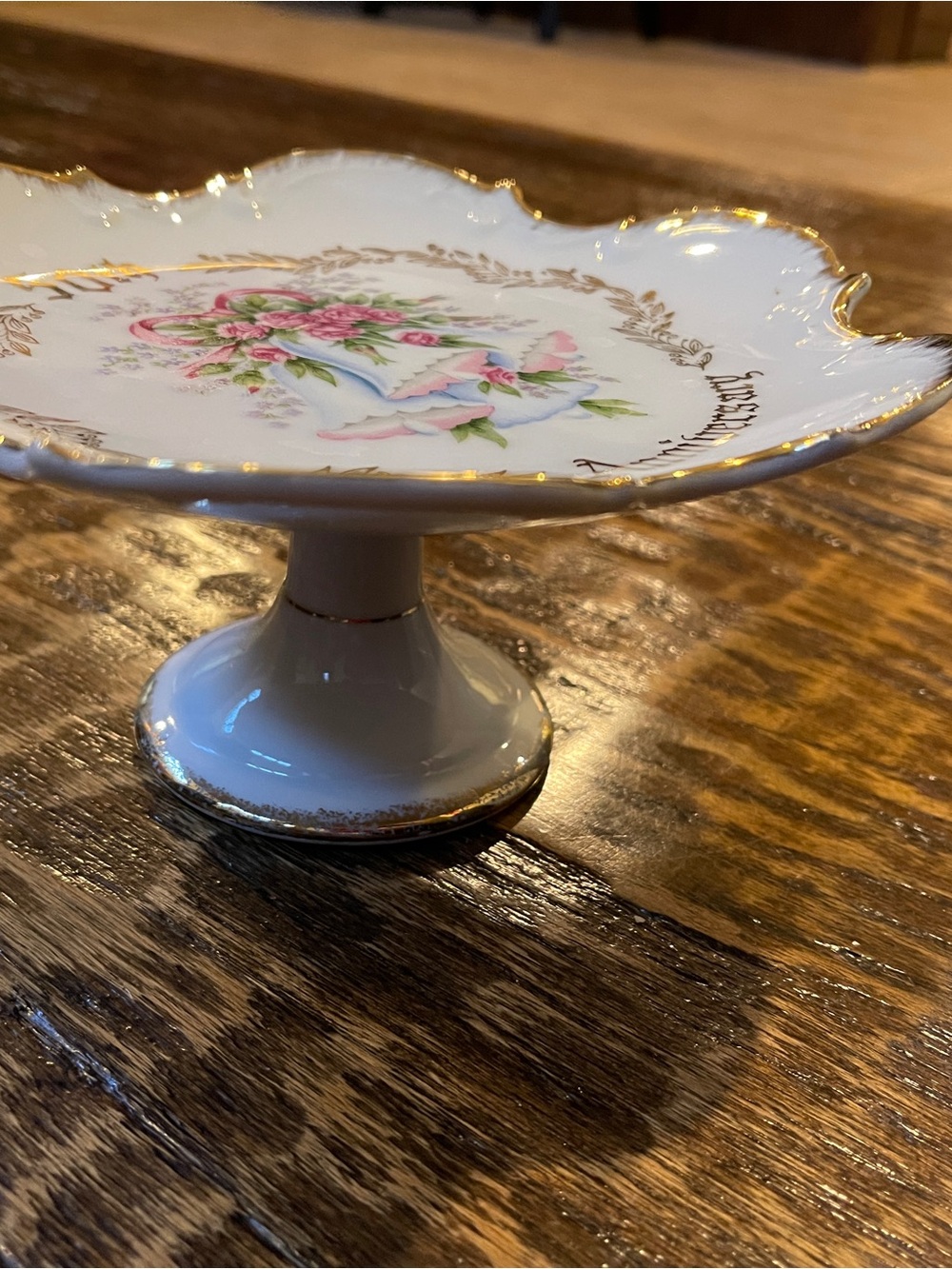 50th Anniversary Decorative Porcelain Cake Stand with Pink Floral Bells - Picture 2 of 7